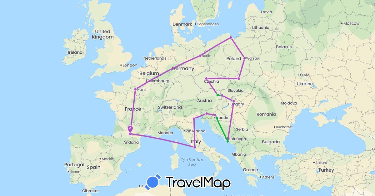 TravelMap itinerary: driving, bus, train in Austria, Czech Republic, Germany, France, Croatia, Hungary, Italy, Poland, Slovenia, Slovakia (Europe)